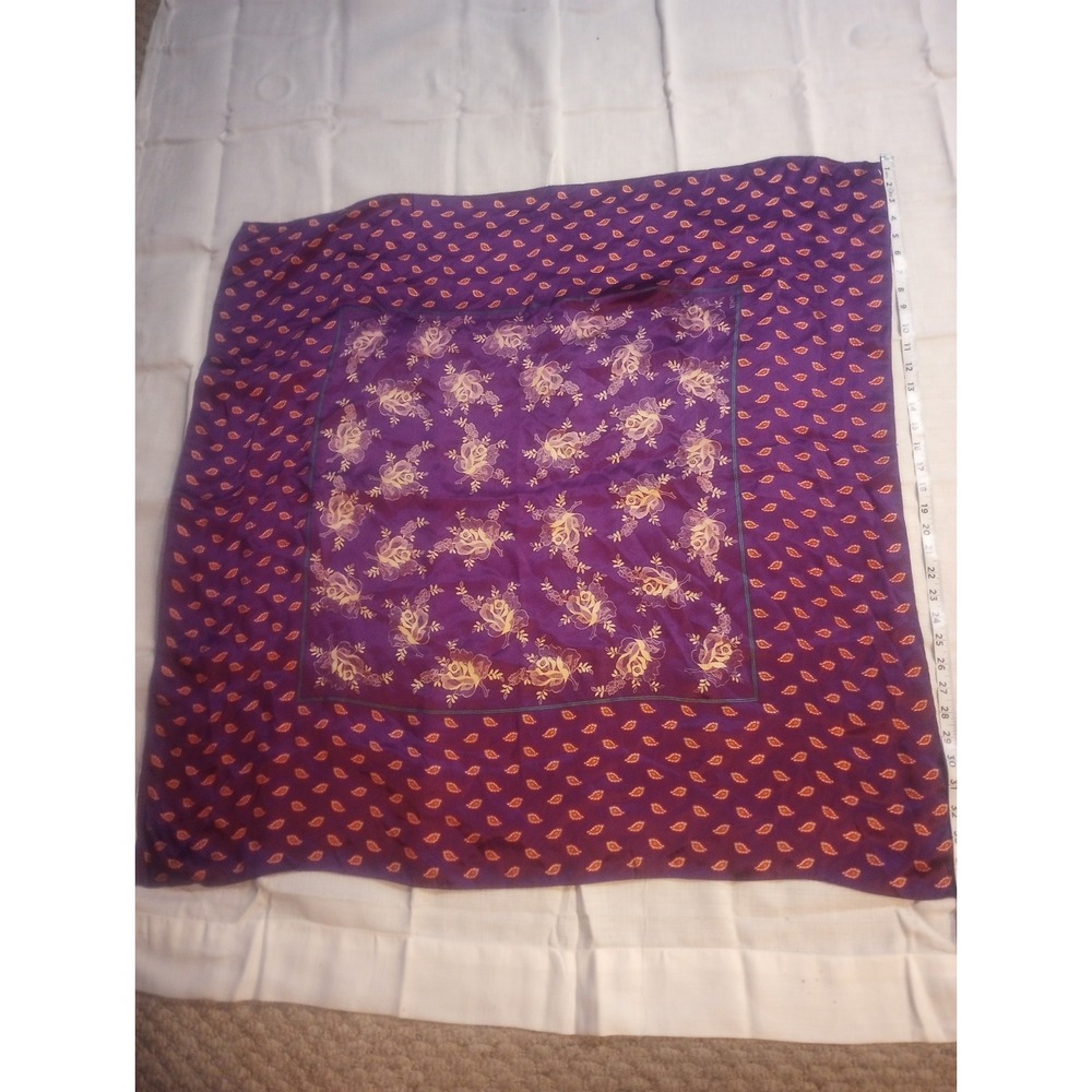 Vintage Unbranded Purple Rose/‎ Paisley Square Scarf Silk Or Polyester 35 In